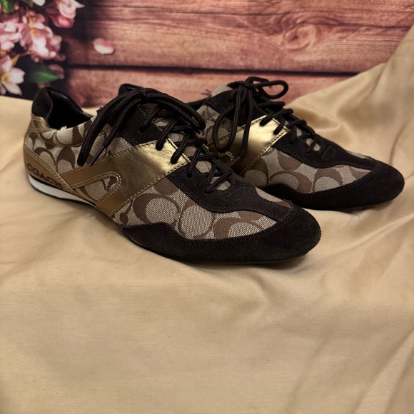 Coach Lexey Signature Sneakers Brown Gold Logo Canvas Leather Women’s Size 9 - Picture 4 of 8